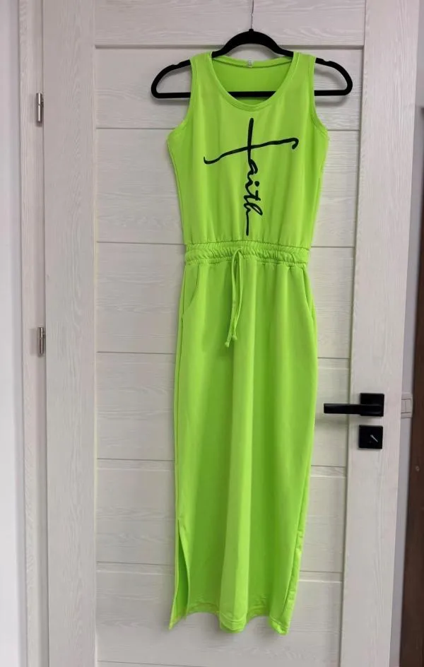 Rochie mulată NO BRAND EU 36 | Verde lime, Midi, Fără mâneci, Logo, Cu decupaje, Poliester - Image 3