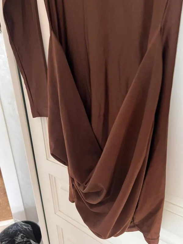 Rochie de seară Shine EU 32 | Maro, Mini, Mânecă lungă, Design asimetric, Elastan - Image 3