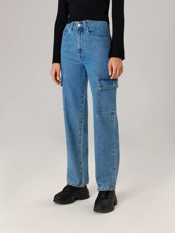 Blugi Sinsay EU 36 | Albastru, Lungi, Talie înaltă, Wide Leg fit, Bumbac - Image 4