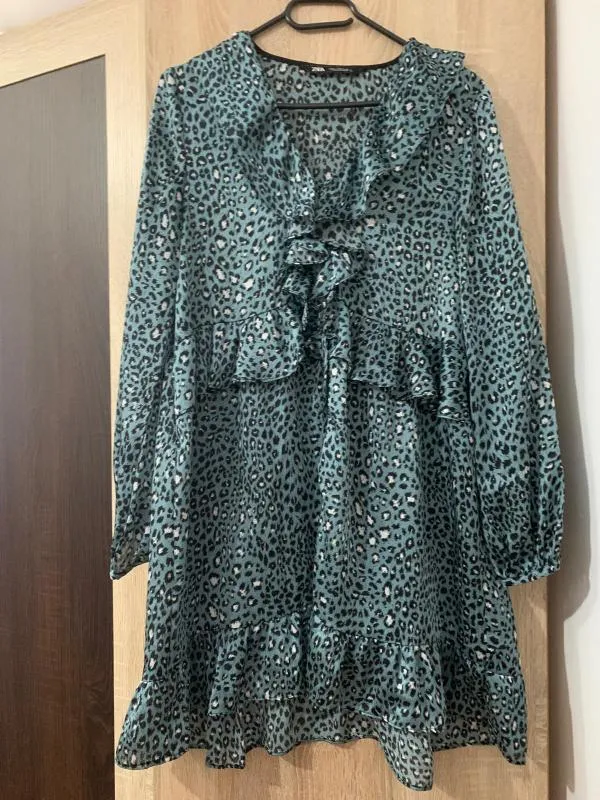 Rochie de vară Zara M | Albastru, Mini, Mânecă lungă, Floral & Tropical, Volane - Image 2