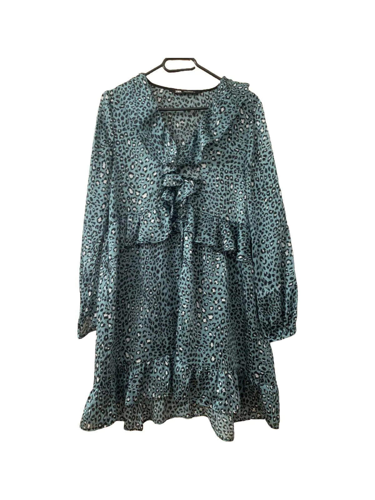 Rochie de vară Zara M | Albastru, Mini, Mânecă lungă, Floral & Tropical, Volane