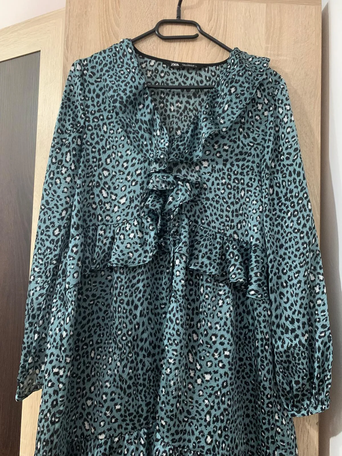 Rochie de vară Zara M | Albastru, Mini, Mânecă lungă, Floral & Tropical, Volane - Image 3