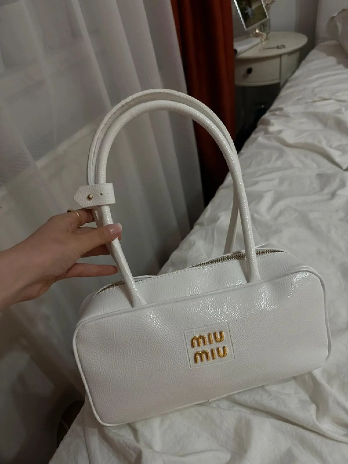 Geantă de mână Miu | Alb, Piele lăcuită