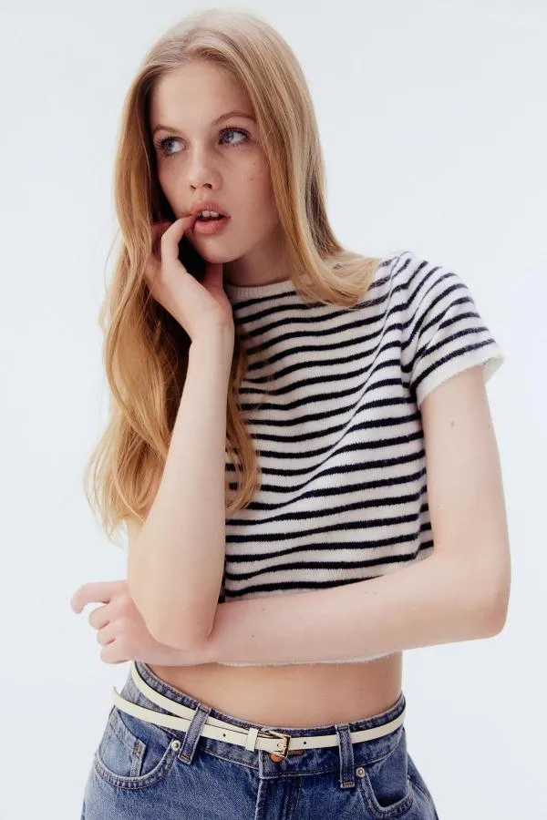Top tricot cu dungi H&M XS | Alb, Normal, Mânecă scurtă - Image 2