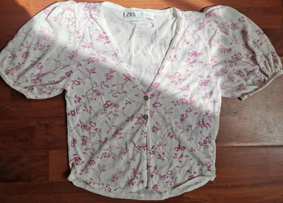 Top cropped Zara S | Alb, Cropped (Scurt), Mânecă scurtă, Floral & Tropical