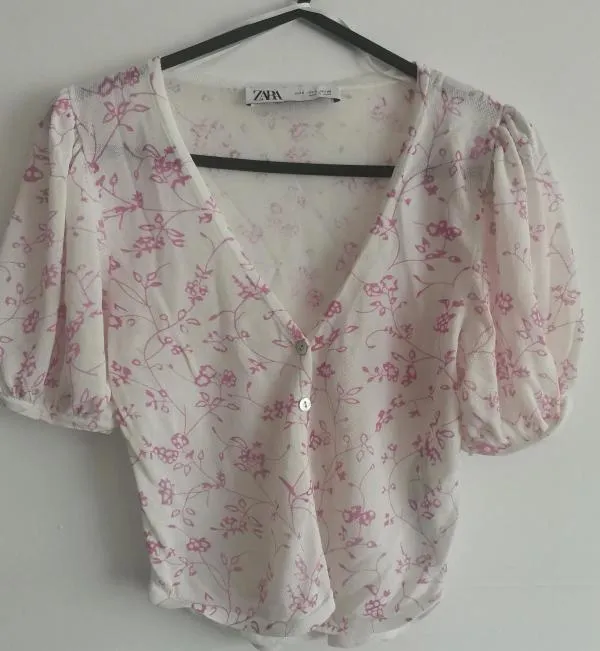 Top cropped Zara S | Alb, Cropped (Scurt), Mânecă scurtă, Floral & Tropical - Image 3