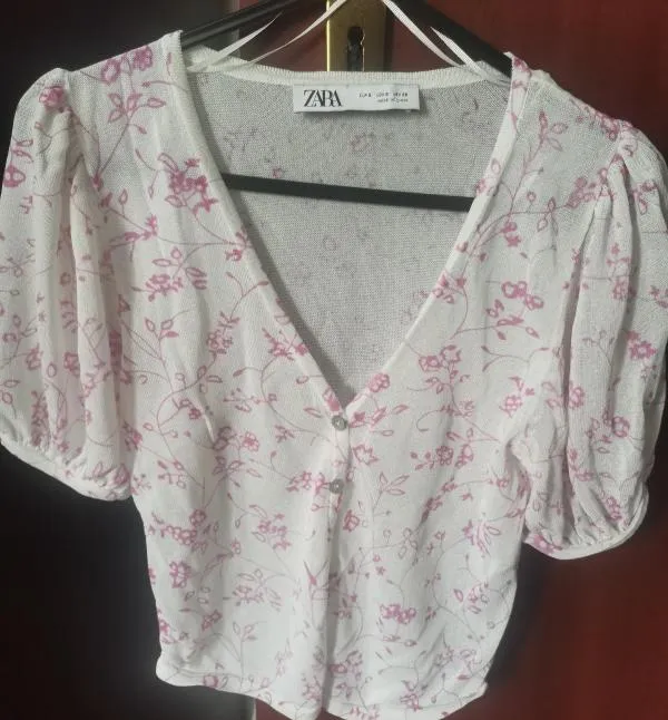 Top cropped Zara S | Alb, Cropped (Scurt), Mânecă scurtă, Floral & Tropical - Image 4