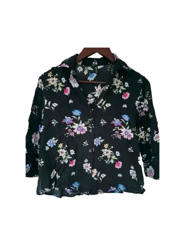 Cămașă H&M EU 34 | Negru, Normal, Mânecă trei sferturi, Floral & Tropical, Vâscoză