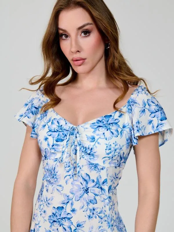 Rochie de vară Sinsay EU 38 | Alb, Midi, Mânecă scurtă, Floral & Tropical, Vâscoză - Image 4