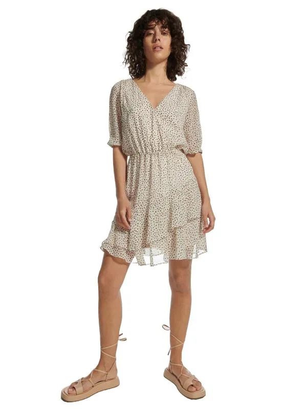 Rochie de vară Reserved EU 36 | Bej, Mini, Mânecă scurtă, Buline & Imprimeuri mici, Volane
