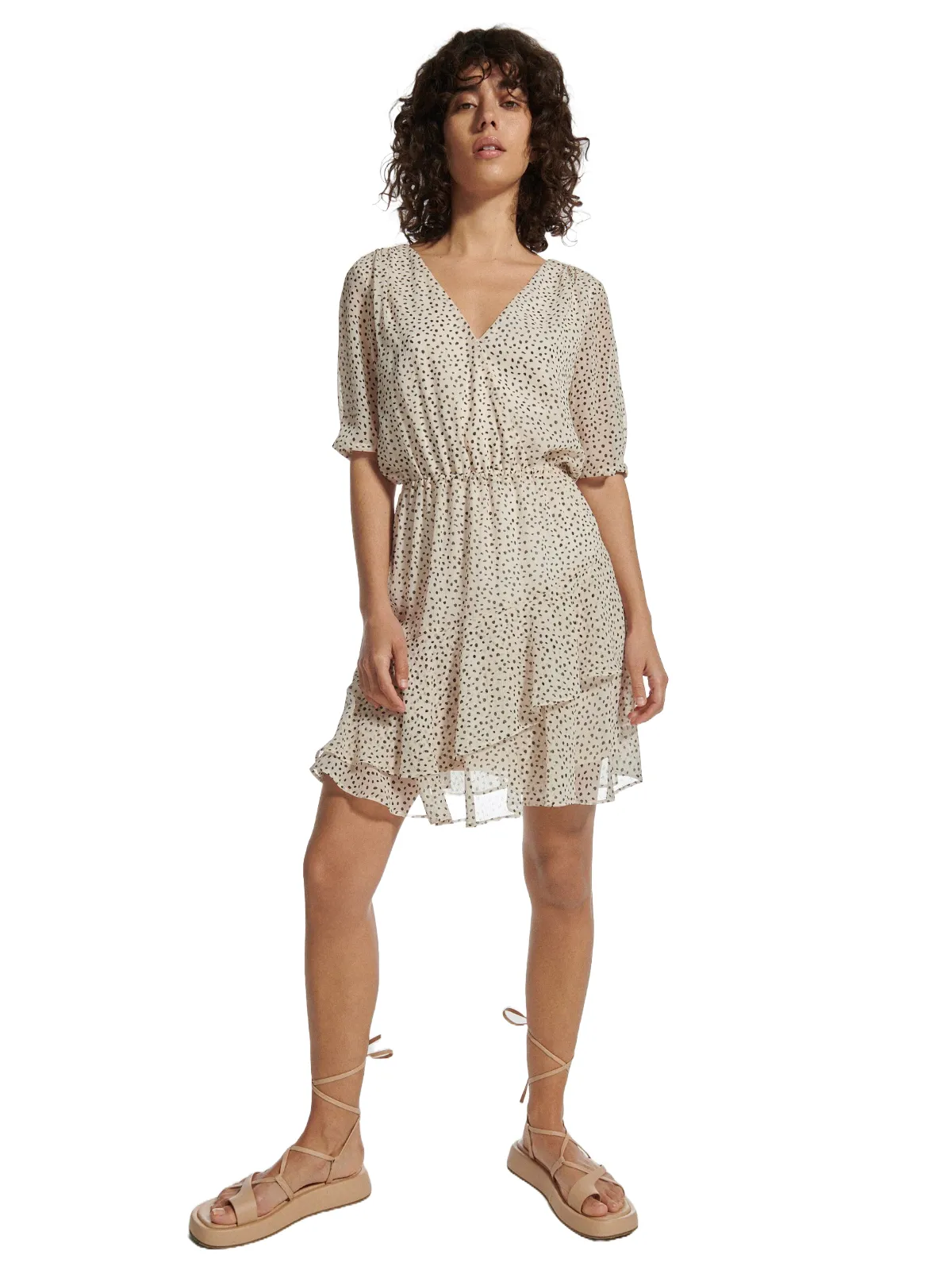 Rochie de vară Reserved EU 36 | Bej, Mini, Mânecă scurtă, Buline & Imprimeuri mici, Volane