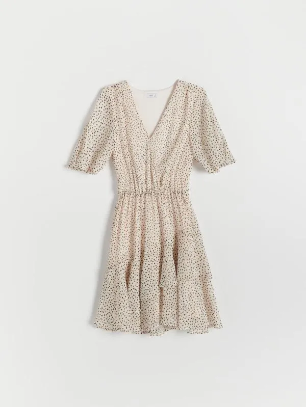 Rochie de vară Reserved EU 36 | Bej, Mini, Mânecă scurtă, Buline & Imprimeuri mici, Volane - Image 2