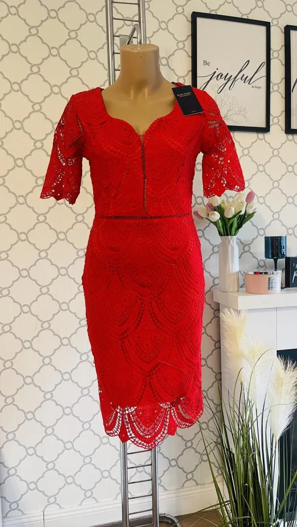 Rochie de seară Kichic EU 36 | Roșu, Midi, Mânecă scurtă, Broderie - Image 2