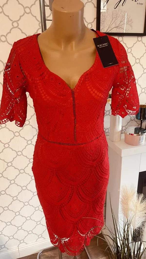 Rochie de seară Kichic EU 36 | Roșu, Midi, Mânecă scurtă, Broderie - Image 3