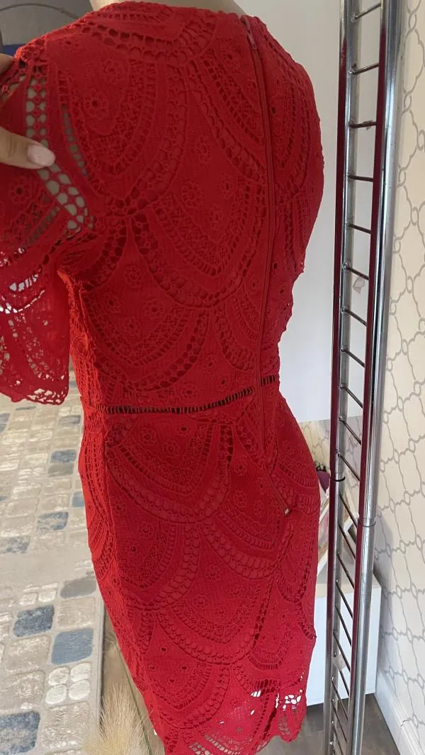 Rochie de seară Kichic EU 36 | Roșu, Midi, Mânecă scurtă, Broderie - Image 4