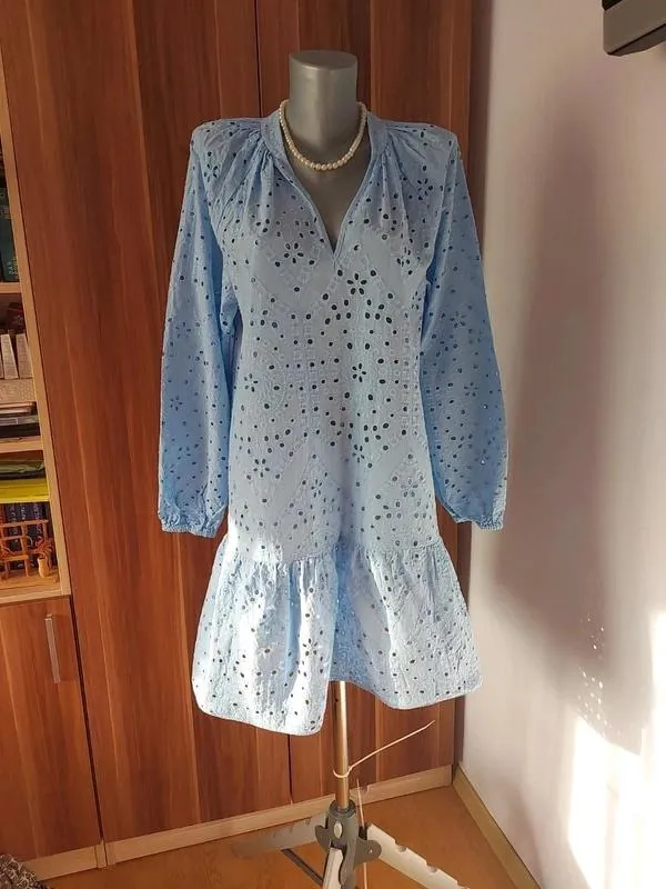 Rochie de vară H&M EU 34 | Bleu, Mini, Mânecă trei sferturi, Monocrom, Cu decupaje, Bumbac