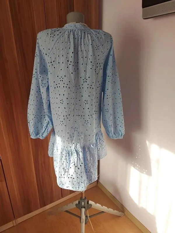 Rochie de vară H&M EU 34 | Bleu, Mini, Mânecă trei sferturi, Monocrom, Cu decupaje, Bumbac - Image 4