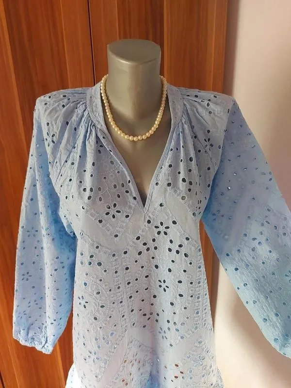 Rochie de vară H&M EU 34 | Bleu, Mini, Mânecă trei sferturi, Monocrom, Cu decupaje, Bumbac - Image 6