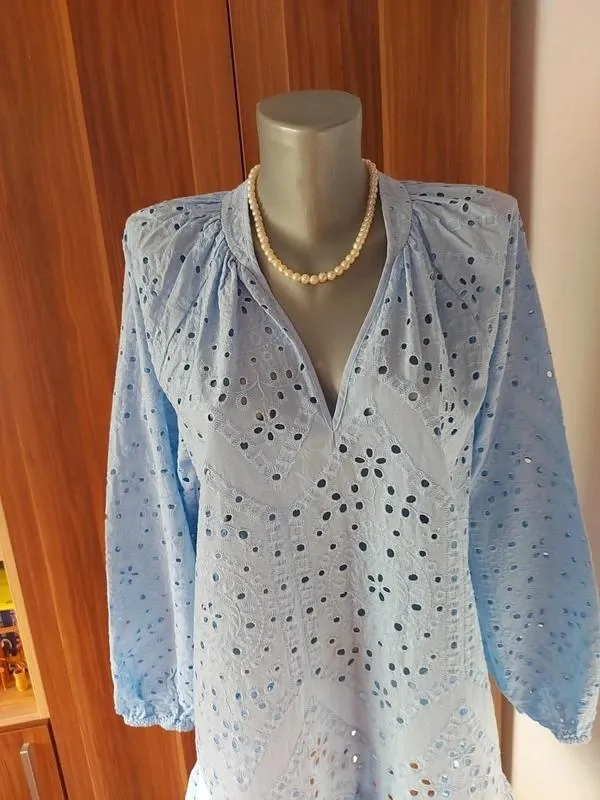 Rochie de vară H&M EU 34 | Bleu, Mini, Mânecă trei sferturi, Monocrom, Cu decupaje, Bumbac - Image 8
