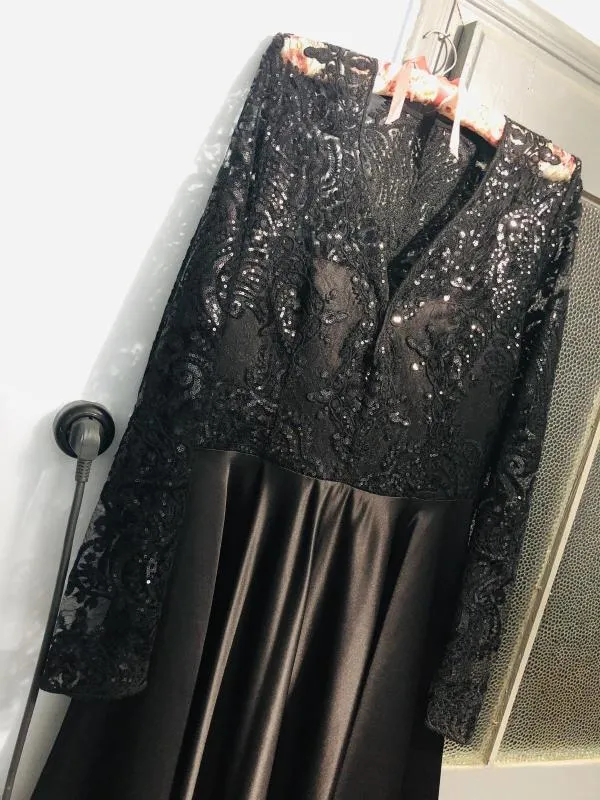 Rochie de seară SIABOND Boutique EU 40 | Negru, Maxi, Mânecă lungă, Dantelă, Mătase - Image 2
