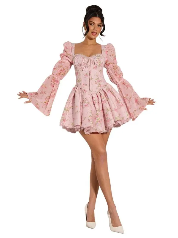 Rochie de vară Shein EU 34 | Roz, Mini, Mânecă lungă, Floral & Tropical