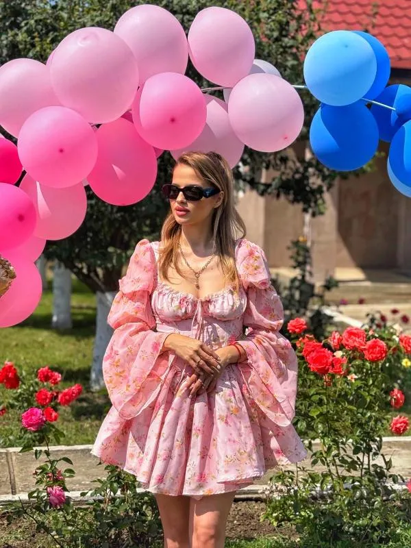 Rochie de vară Shein EU 34 | Roz, Mini, Mânecă lungă, Floral & Tropical - Image 9
