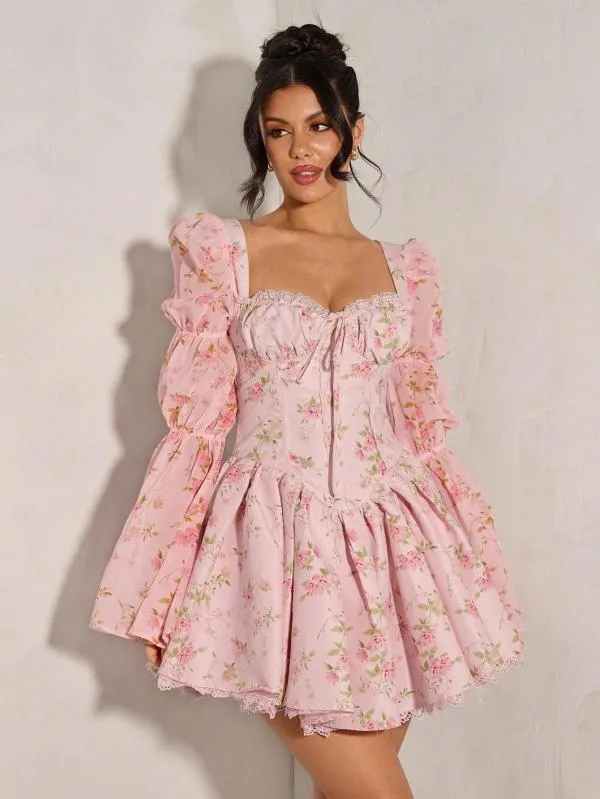 Rochie de vară Shein EU 34 | Roz, Mini, Mânecă lungă, Floral & Tropical - Image 2