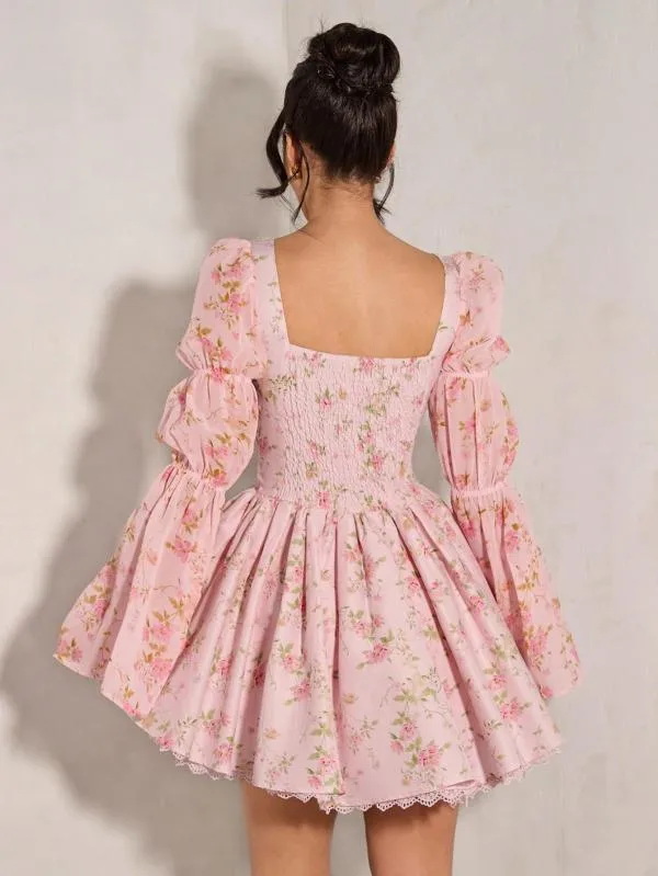 Rochie de vară Shein EU 34 | Roz, Mini, Mânecă lungă, Floral & Tropical - Image 3