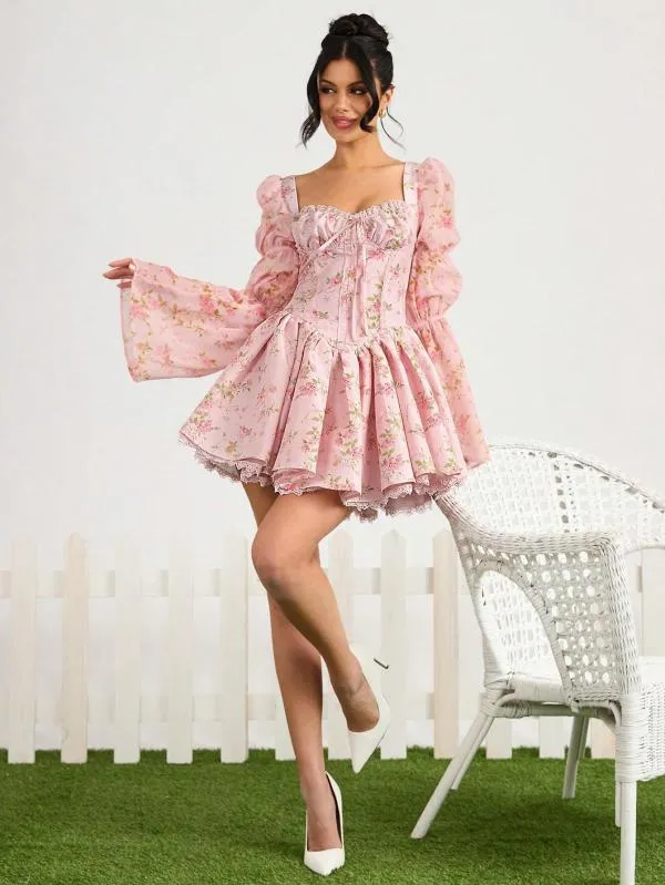Rochie de vară Shein EU 34 | Roz, Mini, Mânecă lungă, Floral & Tropical - Image 4