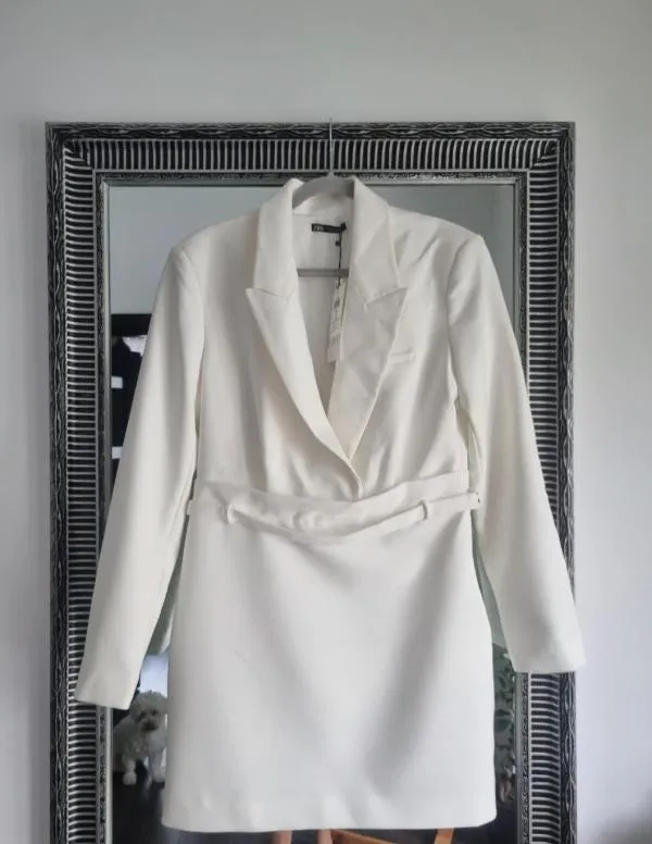 Rochie tip blazer Zara EU 42 | Alb, Mini, Mânecă lungă - Image 3