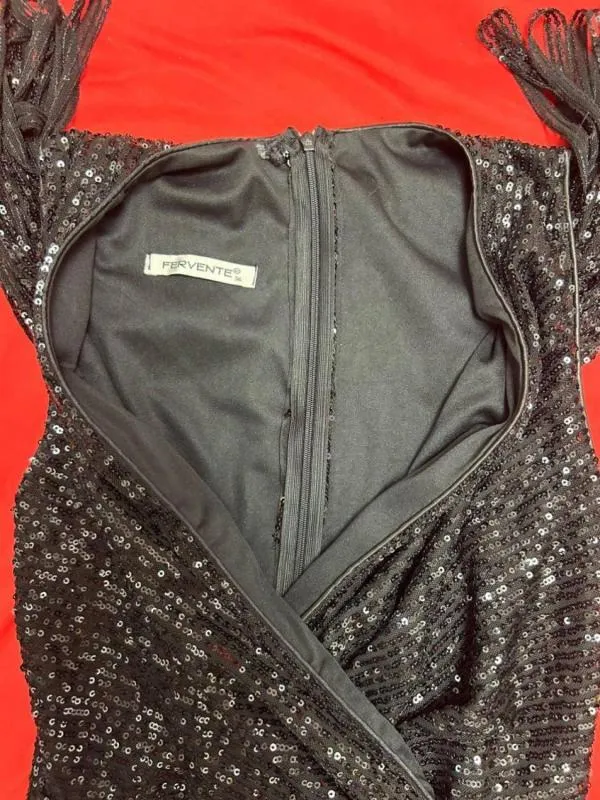 Rochie de ocazie FERVENTE EU 36 | Negru, Midi, Fără mâneci, Franjuri - Image 4