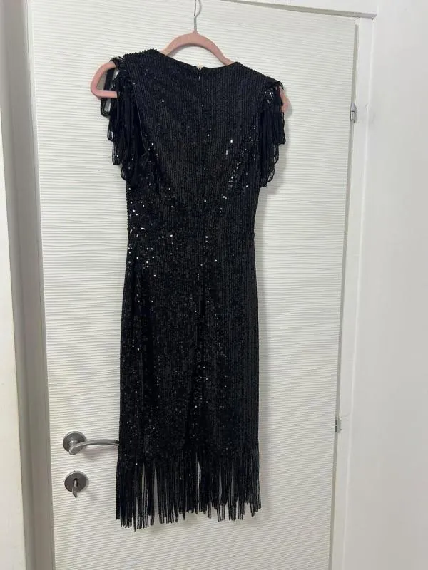 Rochie de ocazie FERVENTE EU 36 | Negru, Midi, Fără mâneci, Franjuri - Image 2