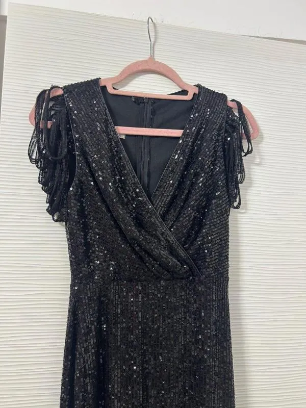 Rochie de ocazie FERVENTE EU 36 | Negru, Midi, Fără mâneci, Franjuri - Image 3