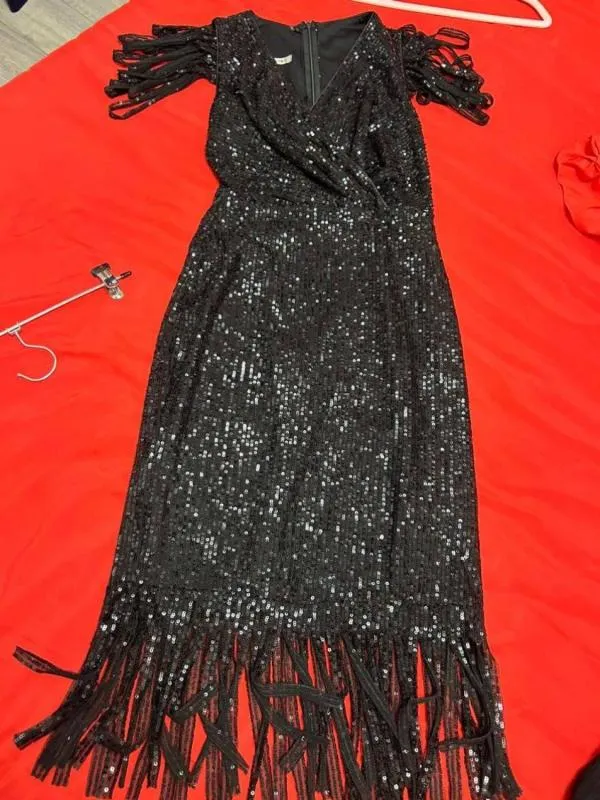 Rochie de ocazie FERVENTE EU 36 | Negru, Midi, Fără mâneci, Franjuri - Image 6