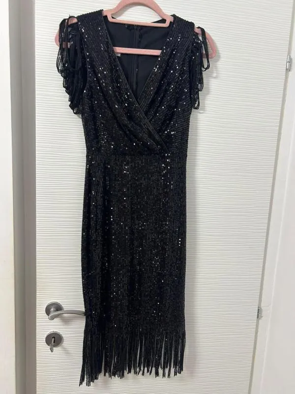 Rochie de ocazie FERVENTE EU 36 | Negru, Midi, Fără mâneci, Franjuri