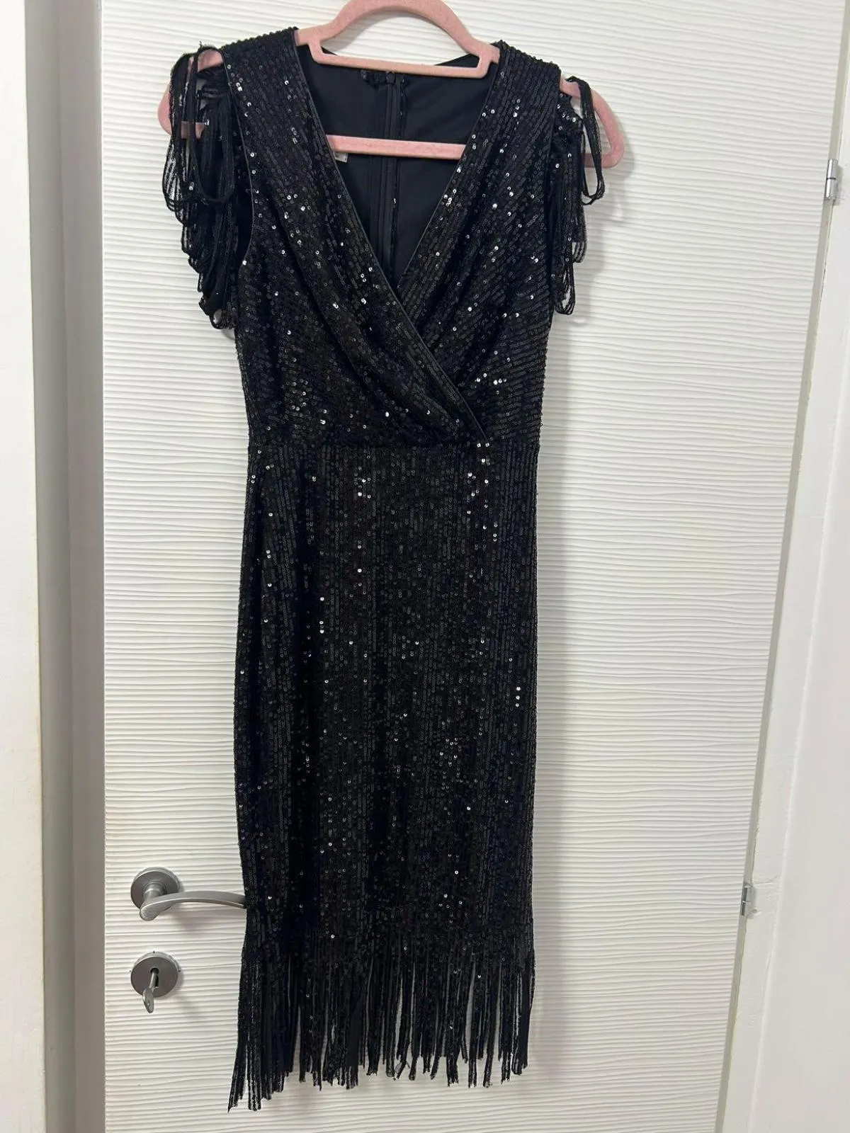 Rochie de ocazie FERVENTE EU 36 | Negru, Midi, Fără mâneci, Franjuri