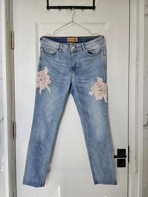 Blugi Janina EU 38 | Bleu, Lungi, Talie medie, Skinny fit, Floral & Tropical, Pietre decorative, Bumbac - Image 2