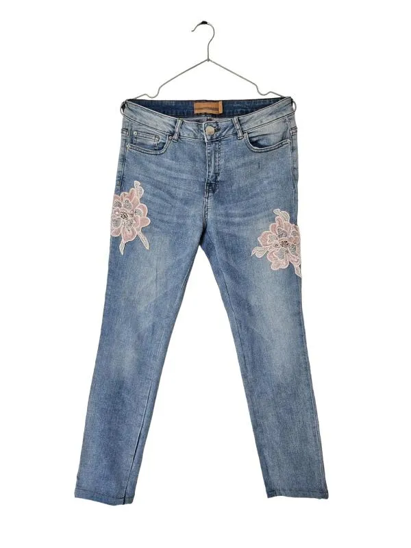 Blugi Janina EU 38 | Bleu, Lungi, Talie medie, Skinny fit, Floral & Tropical, Pietre decorative, Bumbac