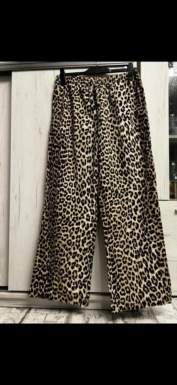Pantaloni H&M EU 38 | Maro, Lungi, Talie joasă, Wide Leg fit, Animal print, Bumbac - Image 4