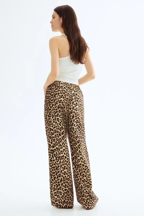 Pantaloni H&M EU 38 | Maro, Lungi, Talie joasă, Wide Leg fit, Animal print, Bumbac - Image 3