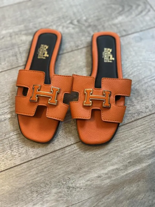 Șlapi Hermès EU 38 | Portocaliu, Logo, Piele ecologică