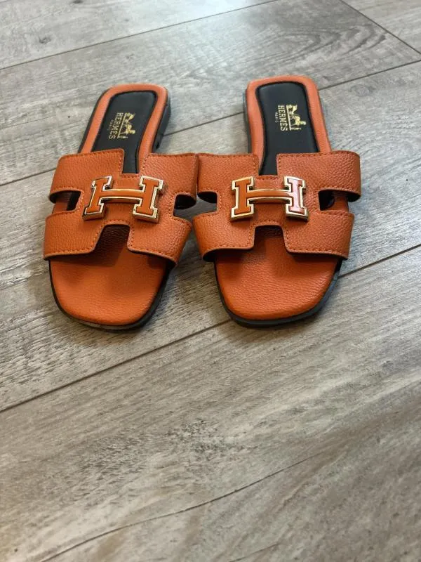 Șlapi Hermès EU 38 | Portocaliu, Logo, Piele ecologică - Image 2