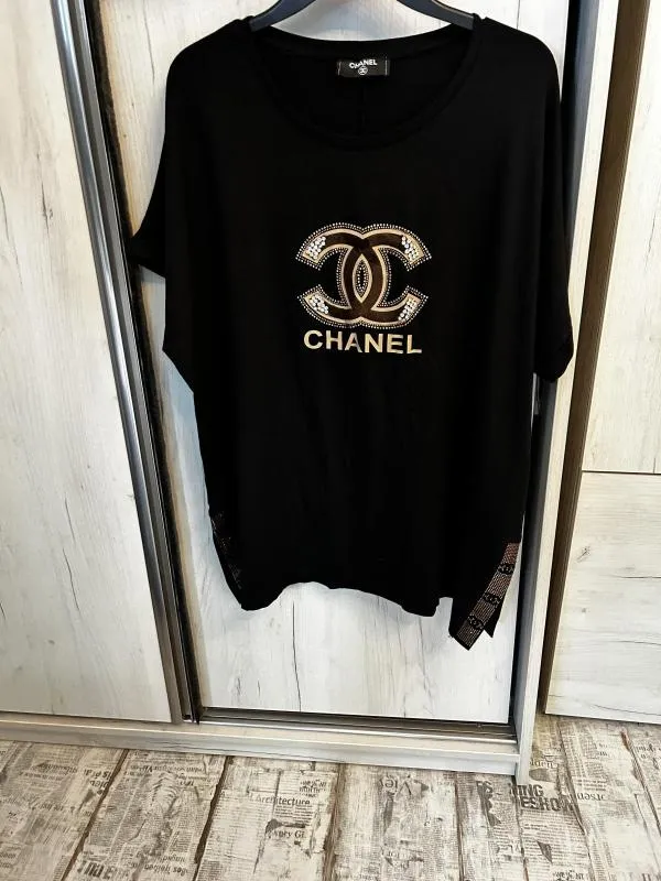 Bluză Chanel EU 42 | Negru, Normal, Mânecă scurtă, Logo, Pietre decorative, Bumbac