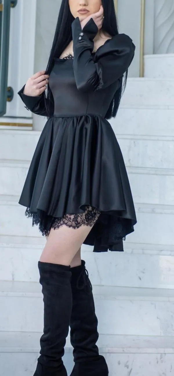 Rochie de ocazie Foggi EU 34 | Negru, Midi, Mânecă lungă, Dantelă, Elastan