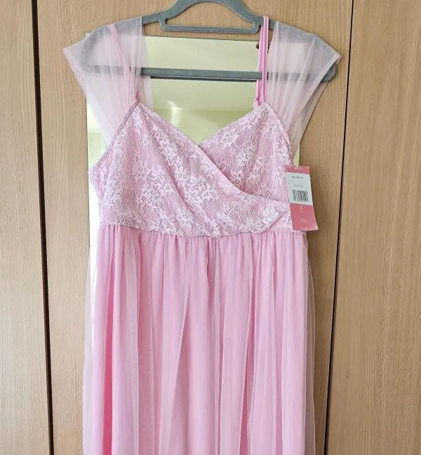 Rochie de ocazie Shein EU 38 | Roz, Maxi, Mânecă scurtă, Dantelă, Poliester