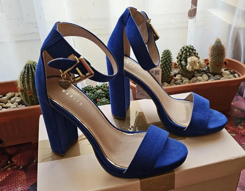 Sandale cu toc Mohito EU 37 | Albastru, Piele întoarsă Suede