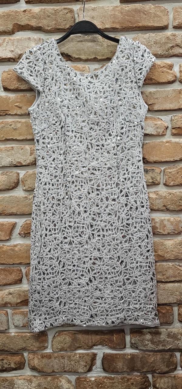 Rochie de ocazie Camomilla EU 40 | Argintiu, Midi, Mânecă scurtă, Paiete, Poliester