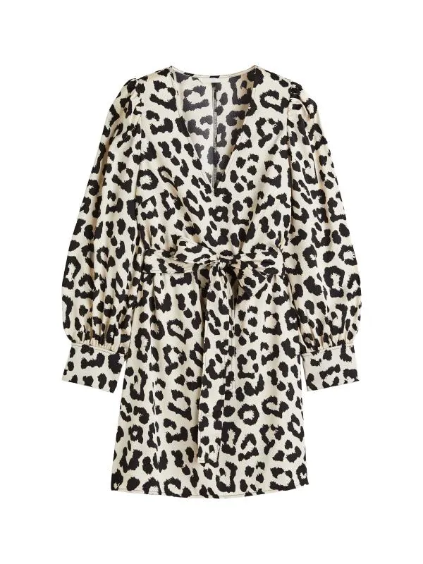 Rochie tip cămașă H&M EU 34 | Bej, Mini, Mânecă lungă, Animal print, Drapat, Poliester