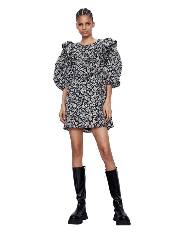 Rochie dreaptă Zara EU 36 | Negru, Mini, Mânecă trei sferturi, Floral & Tropical, Bumbac
