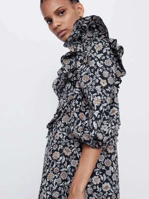 Rochie dreaptă Zara EU 36 | Negru, Mini, Mânecă trei sferturi, Floral & Tropical, Bumbac - Image 3